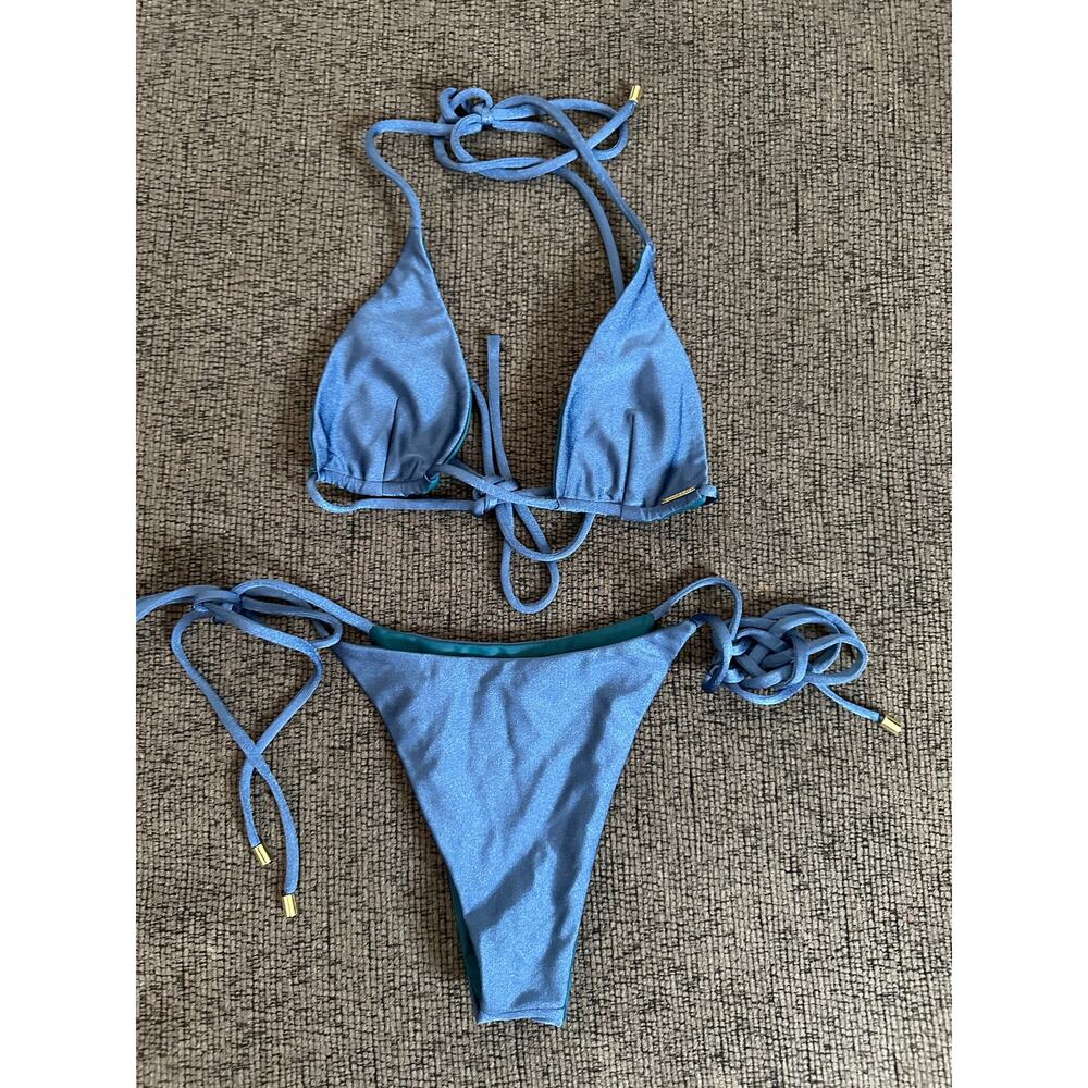 Bikini Bible Mettalic Blue Triangle High Cut Bikini Set Womans XS/S